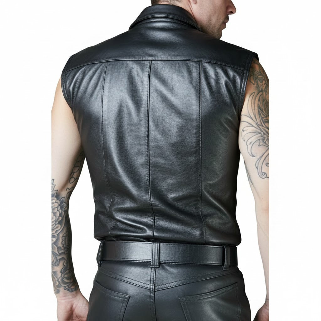 Men’s Sleeveless Leather Police Shirt – Lambskin BLUF Clubwear Top