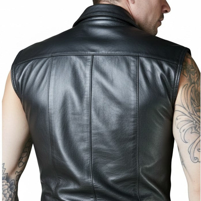 Men’s Sleeveless Leather Police Shirt – Lambskin BLUF Clubwear Top