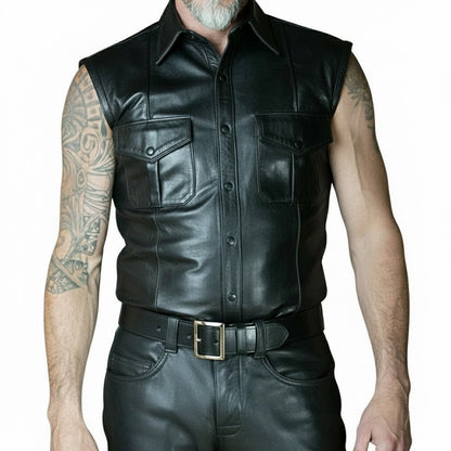 Men’s Sleeveless Leather Police Shirt – Lambskin BLUF Clubwear Top