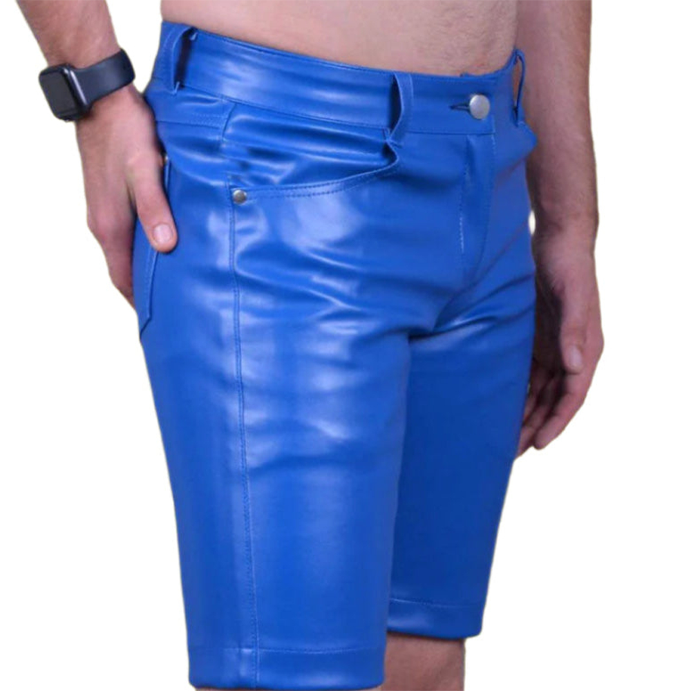 Men’s Slim Fit Blue Lamb Leather Shorts with 5 Pockets