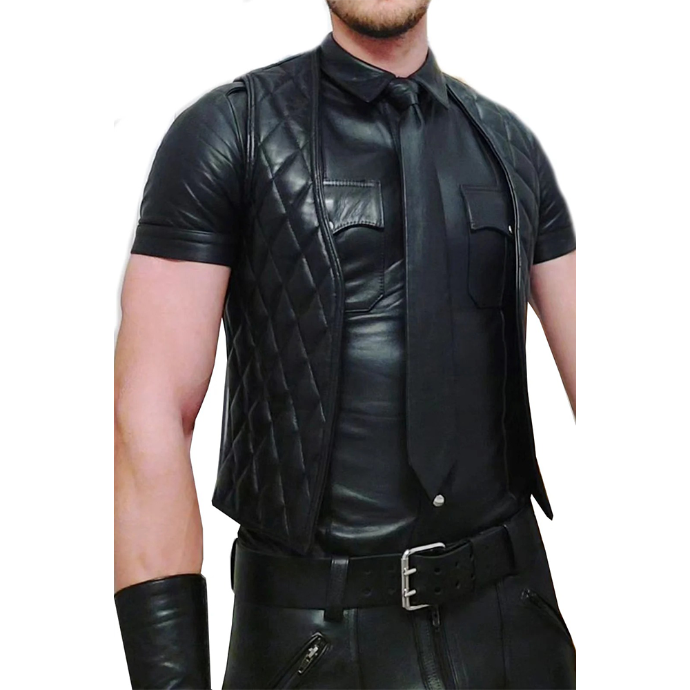 Men's Slim Fit Leather Bartender Vest – Quilted Back Cowhide Vest
