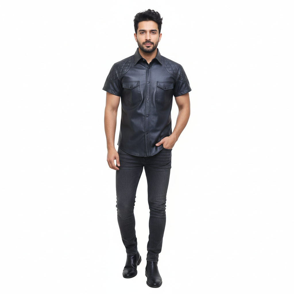 Men's Genuine Leather Police Shirt – Short Sleeve with Quilted Panels
