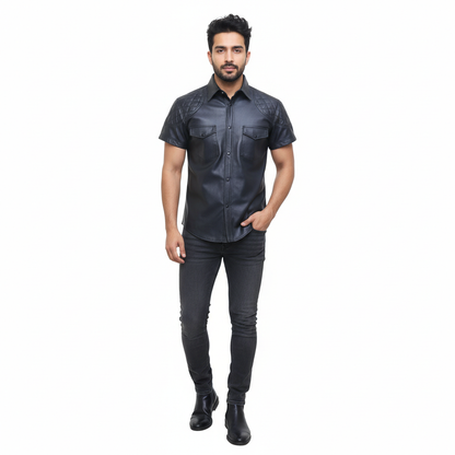 Men's Genuine Leather Police Shirt – Short Sleeve with Quilted Panels