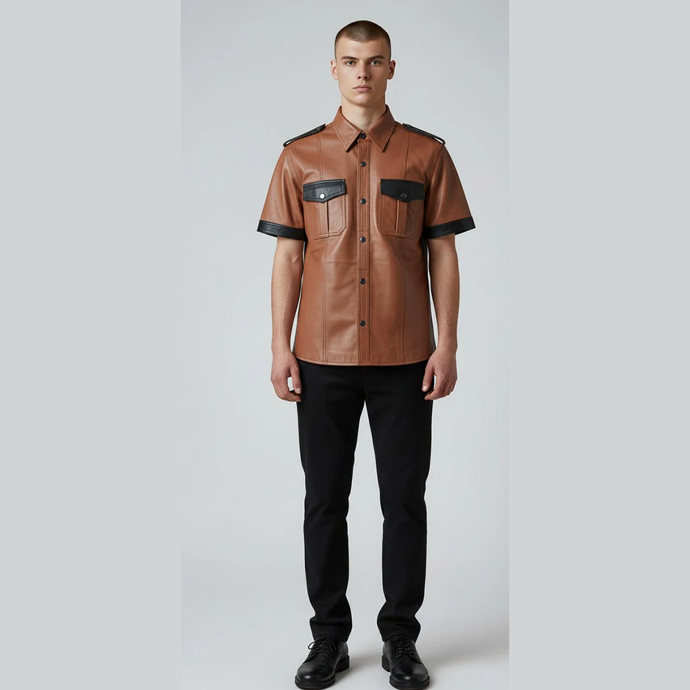 Men’s Tan Lamb Leather Police Shirt – Short Sleeve with Black Trim
