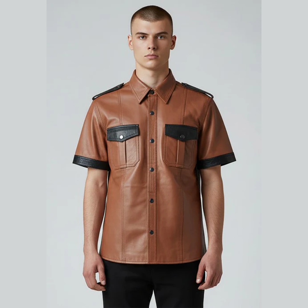Men’s Tan Lamb Leather Police Shirt – Short Sleeve with Black Trim