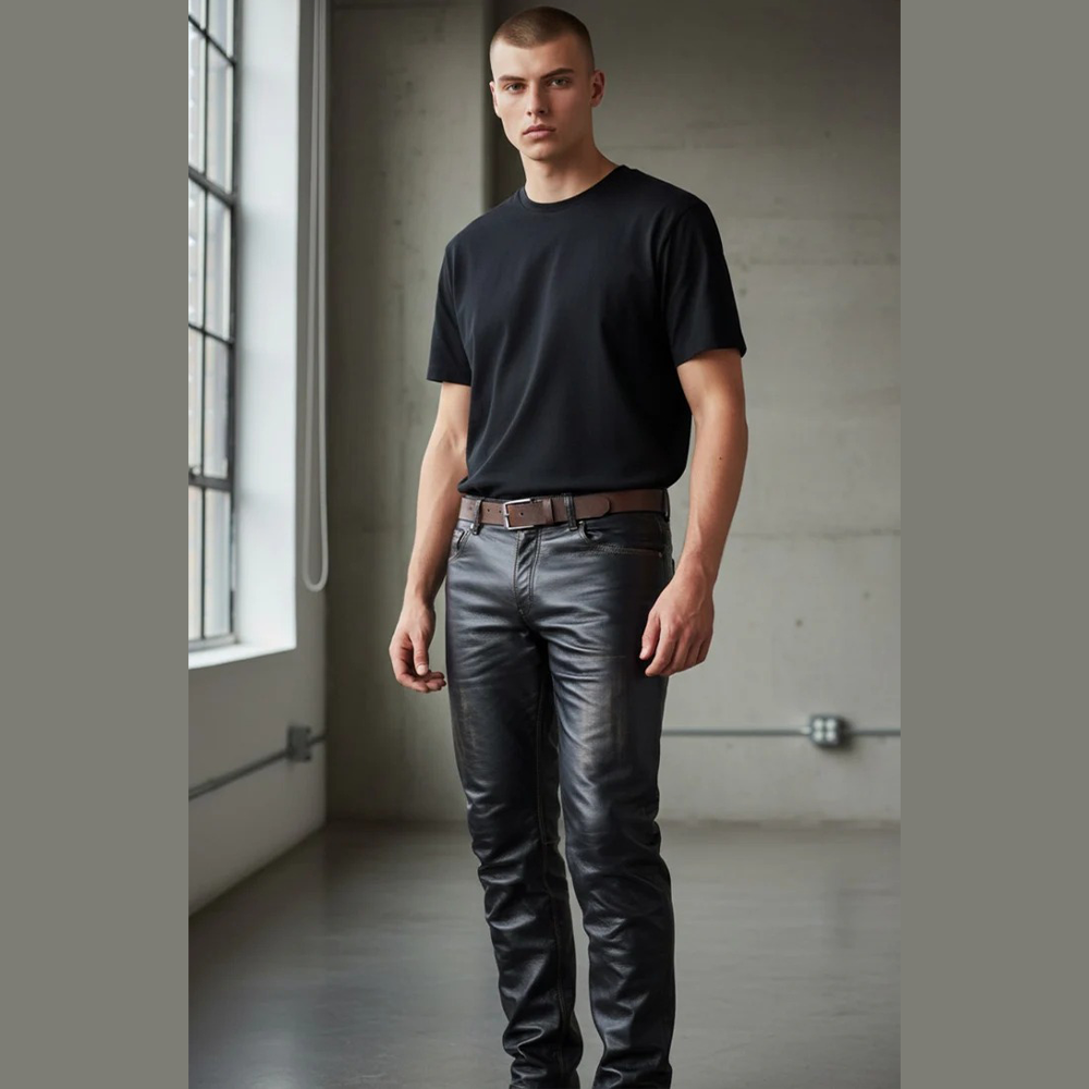 Men’s Vintage Cowhide Leather Biker Pants – Handmade 5-Pocket Style