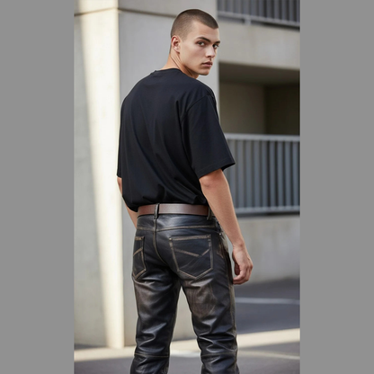 Men’s Vintage Cowhide Leather Biker Pants – Handmade 5-Pocket Style