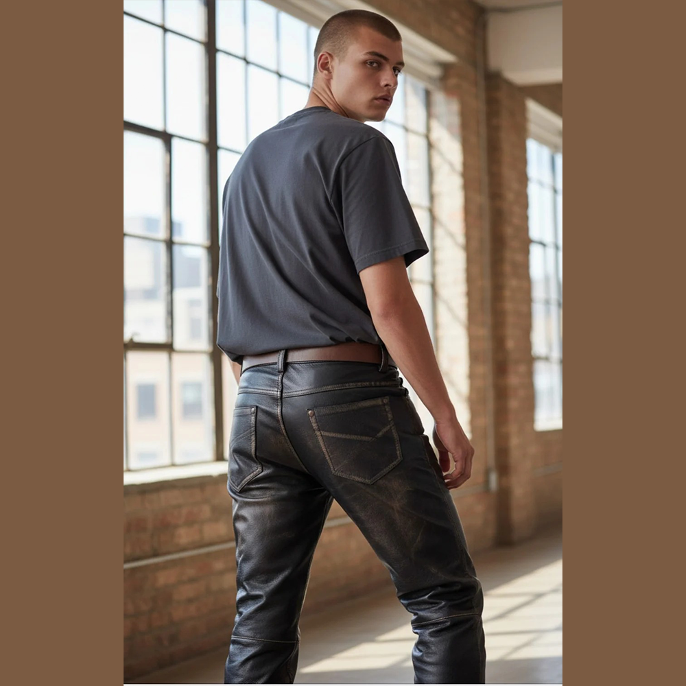 Men’s Vintage Cowhide Leather Biker Pants – Handmade 5-Pocket Style