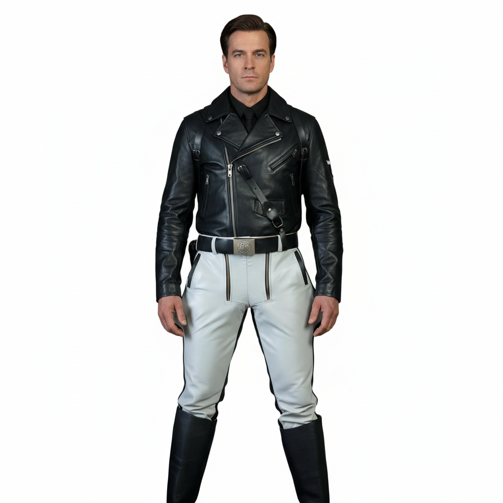Men’s White Leather Jodhpur Breeches – Black Striped Cowhide Pants