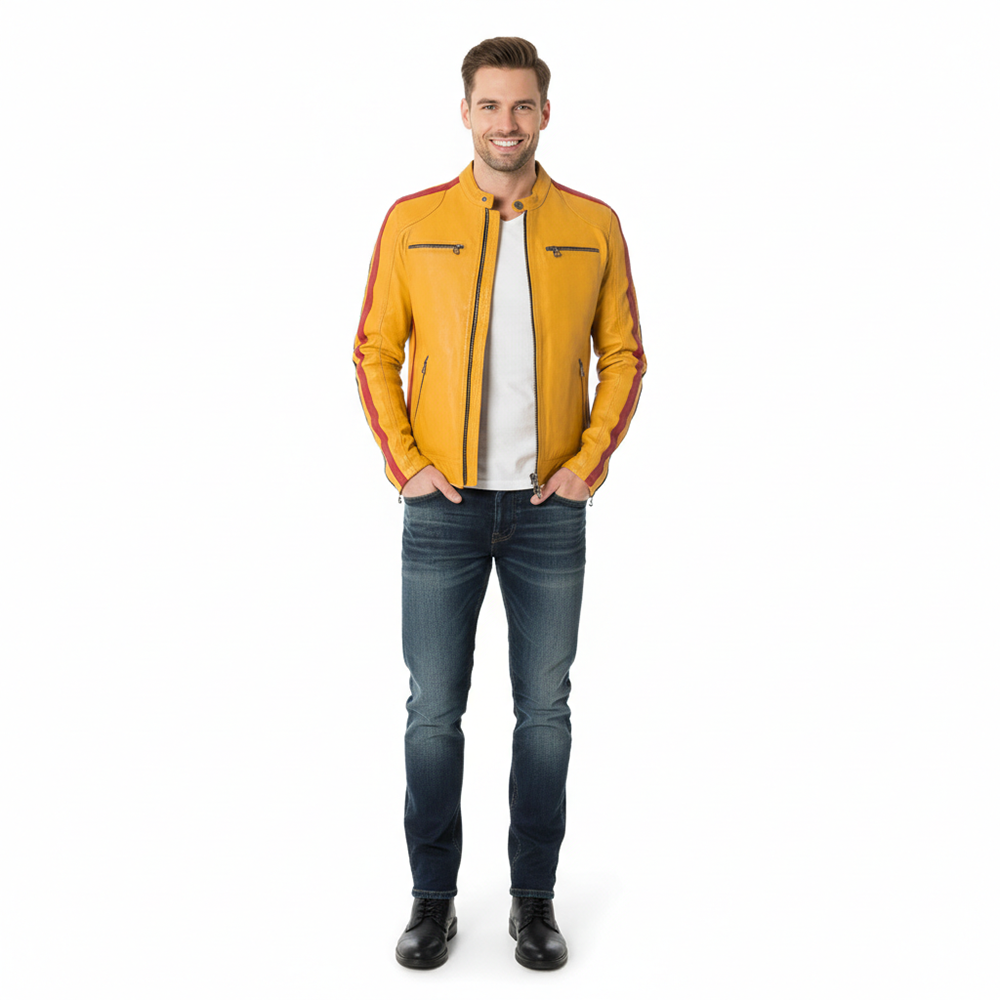 Men’s Yellow Cowhide Leather Biker Jacket – Red & Black Striped Motorcycle Style