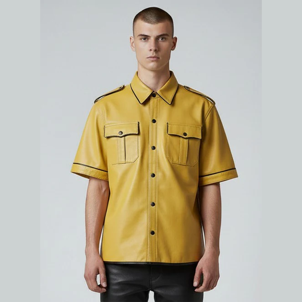 Men's Yellow Leather Police Shirt – Lambskin Uniform with Black Piping