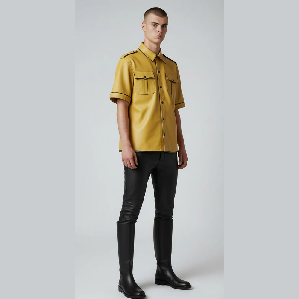 Men's Yellow Leather Police Shirt – Lambskin Uniform with Black Piping
