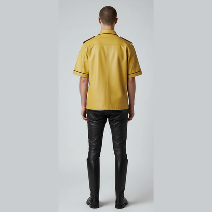 Men's Yellow Leather Police Shirt – Lambskin Uniform with Black Piping