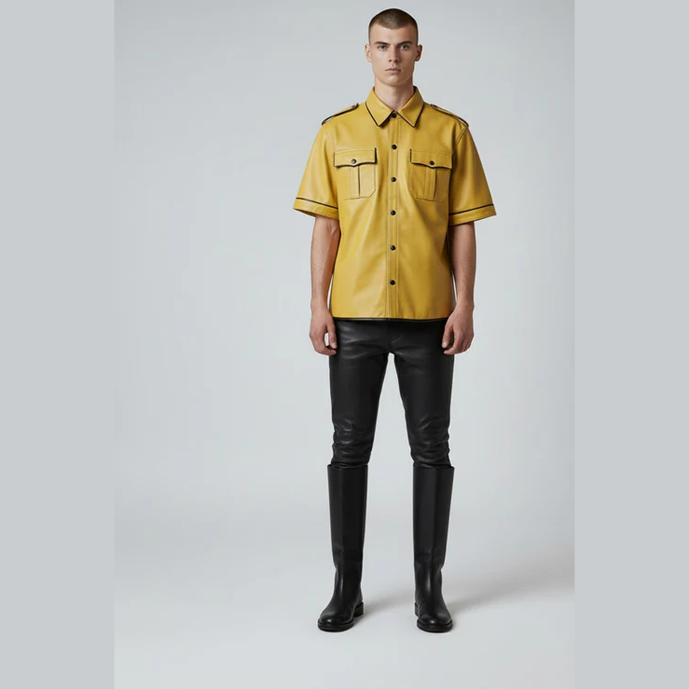 Men's Yellow Leather Police Shirt – Lambskin Uniform with Black Piping