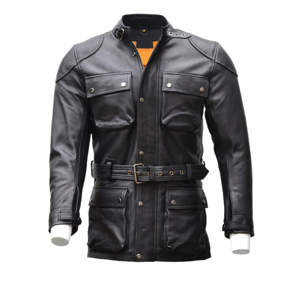 Men's black leather jacket with YKK zippers, 4 pockets, epaulets, and a waist belt, displayed on a mannequin.
