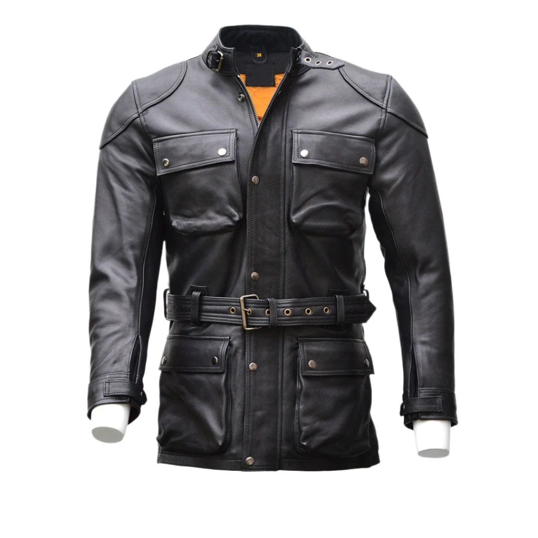 Men’s Genuine Cowhide German Black Leather Jacket – Stylish, Durable, with YKK Zippers & 4 Pockets
