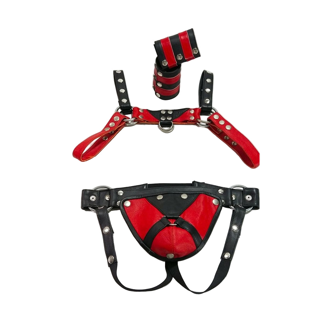 Men’s Leather Harness Jockstrap Wristbands Set – Adjustable Fit