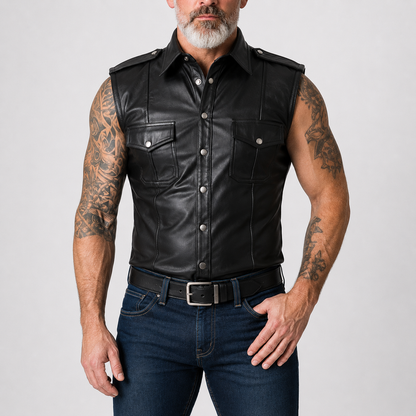 Men's black sleeveless leather uniform shirt with snap buttons and chest pockets, front view