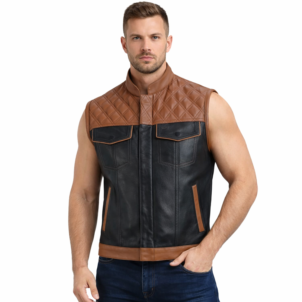 Men’s Black & Tan Quilted Leather Biker Vest – Cowhide Motorcycle Style