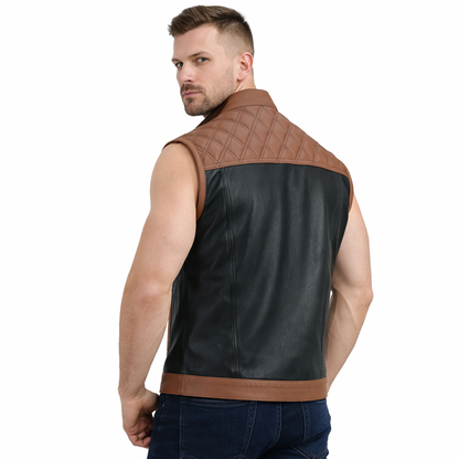 Men’s Black & Tan Quilted Leather Biker Vest – Cowhide Motorcycle Style