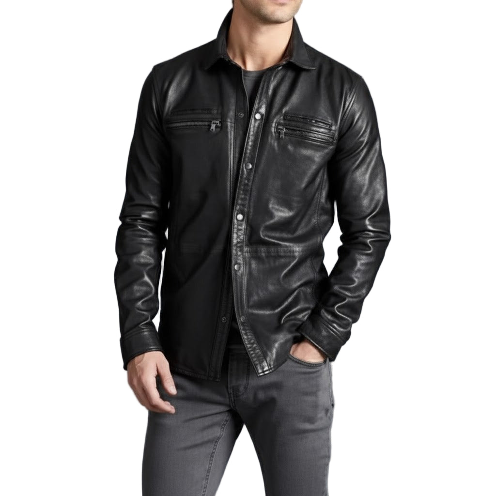 Men’s Genuine Lambskin Leather Shirt – Soft Sheep Leather Full Sleeve Design