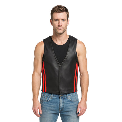 Men's Real Cowhide Leather Bartender Vest with Side Stripes – Front Open Design