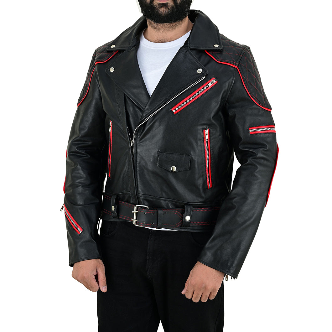 Men’s Brando-Style Cowhide Leather Biker Jacket with Quilted Detailing & Red Highlights