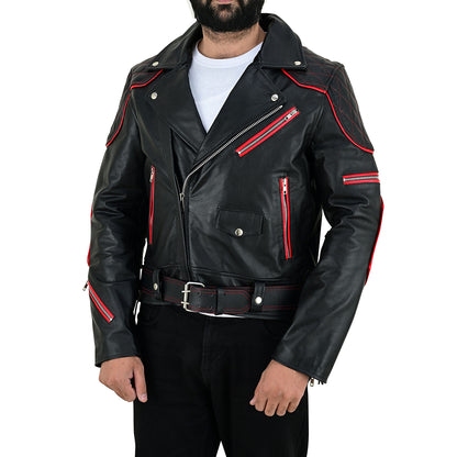 Men’s Brando-Style Cowhide Leather Biker Jacket with Quilted Detailing & Red Highlights