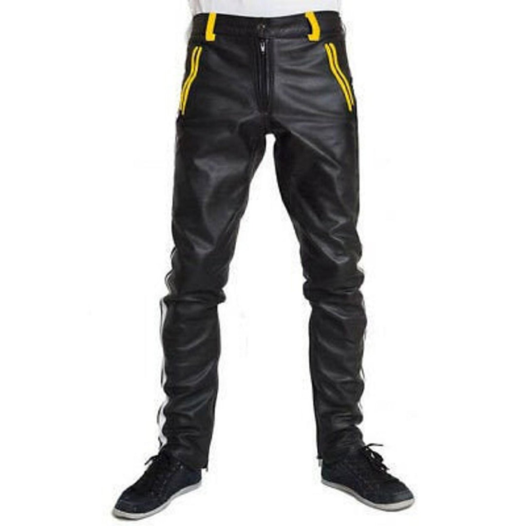 Men’s Cowhide Leather Biker Pants with Color Stripes & Piping
