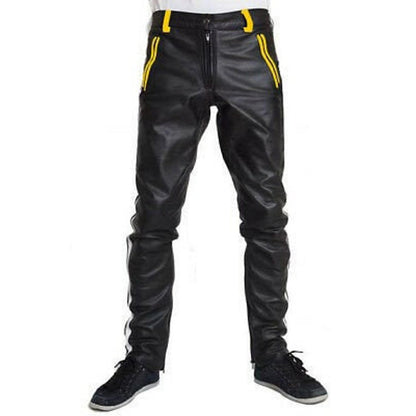 Men’s Cowhide Leather Biker Pants with Color Stripes & Piping