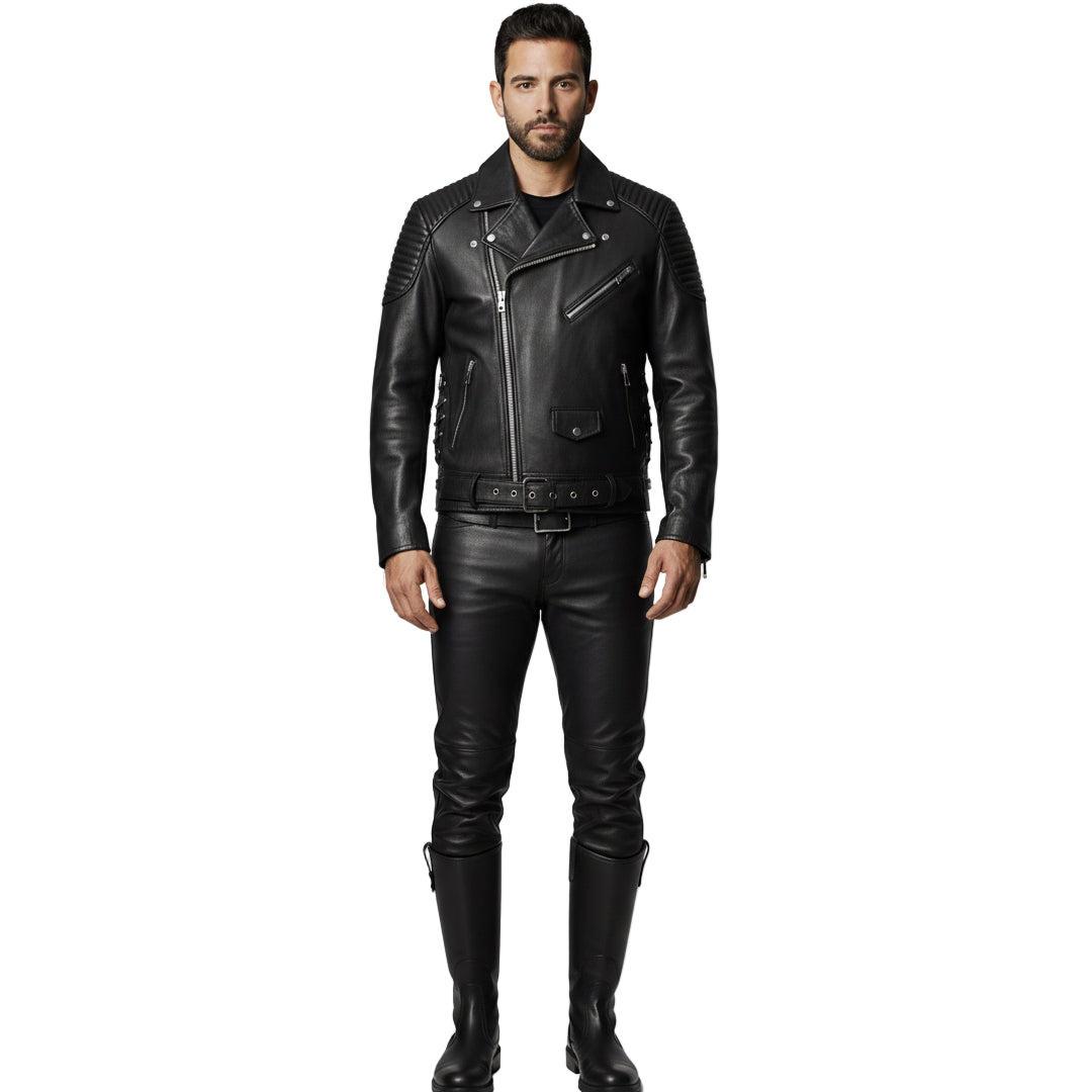 Men’s Cowhide Leather Biker Jacket with Quilted Panels