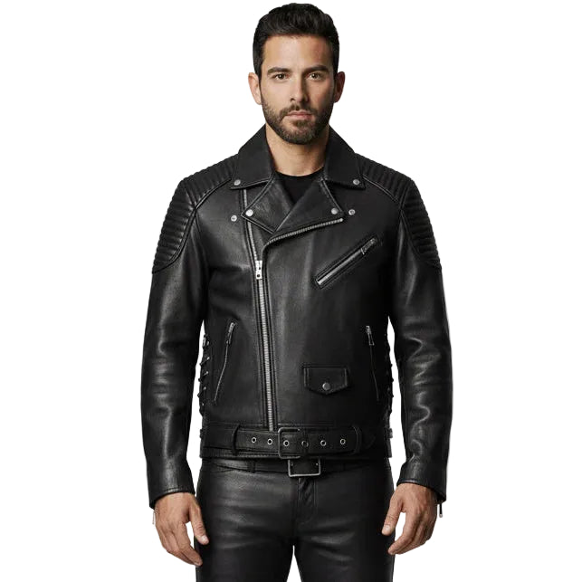 Men’s Cowhide Leather Biker Jacket with Quilted Panels