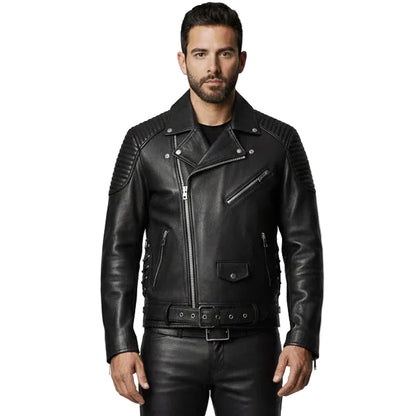 Men’s Cowhide Leather Biker Jacket with Quilted Panels
