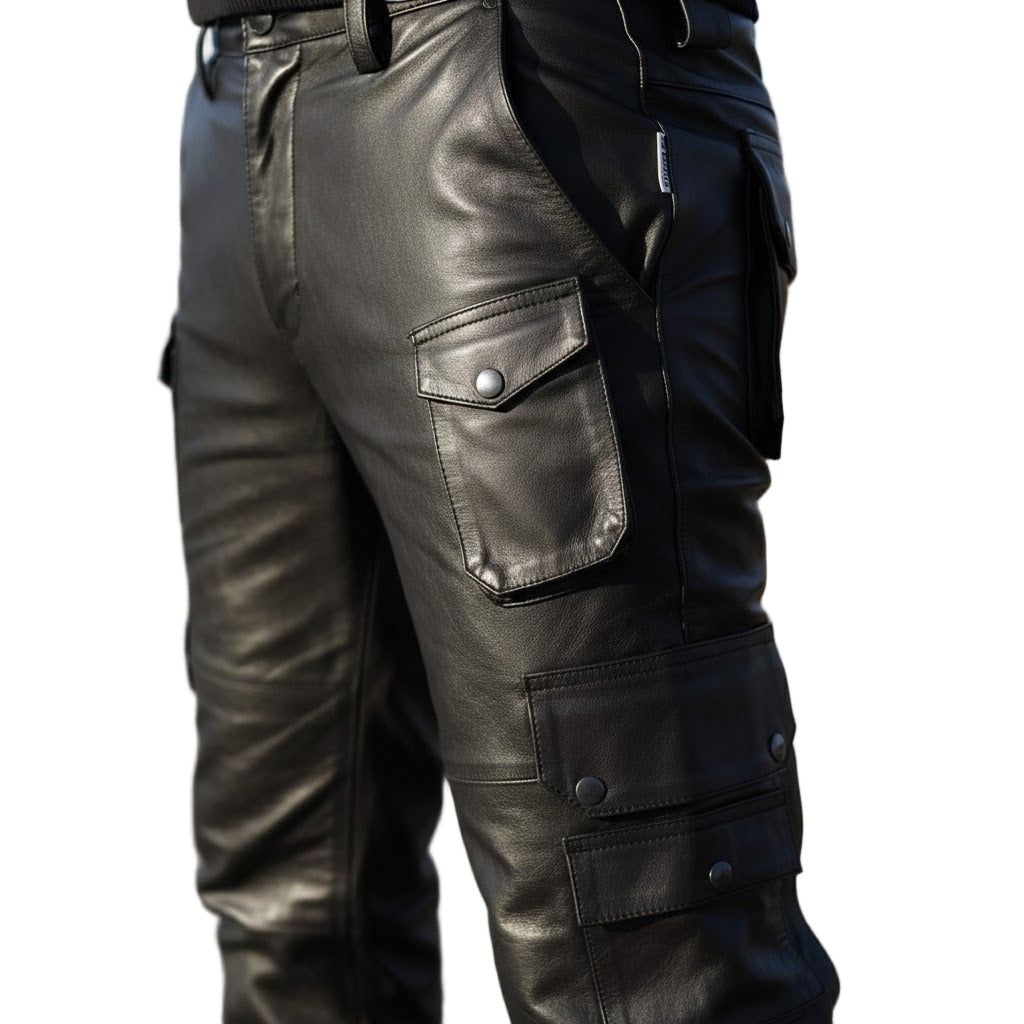 Men’s Cowhide Leather Cargo Biker Pants – Heavy-Duty Motorcycle Gear