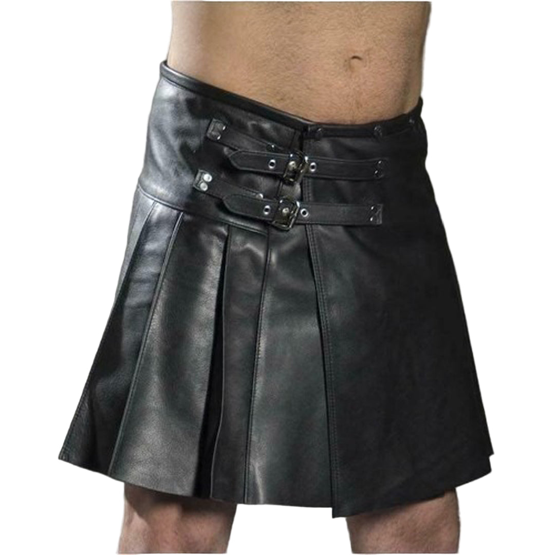 Men’s Real Cowhide Pleated Leather Kilt – Clubwear Party Kilt with Buckle Closure