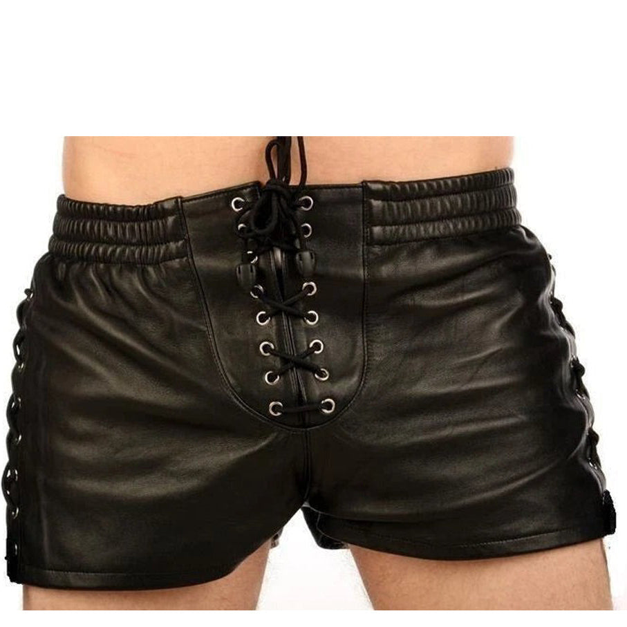 Men’s Cowhide Leather Lace-Up Shorts with Side Laces & Elastic Waist