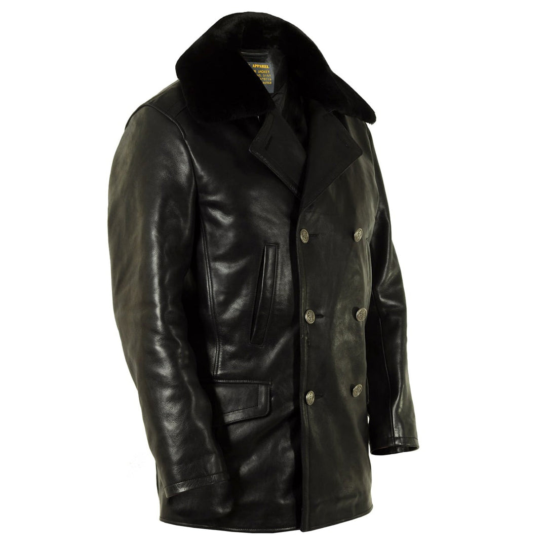 Men’s Real Leather Pea Coat with Detachable Fur Collar – Long Cowhide Jacket