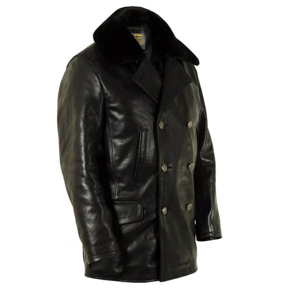 Men’s Real Leather Pea Coat with Detachable Fur Collar – Long Cowhide Jacket