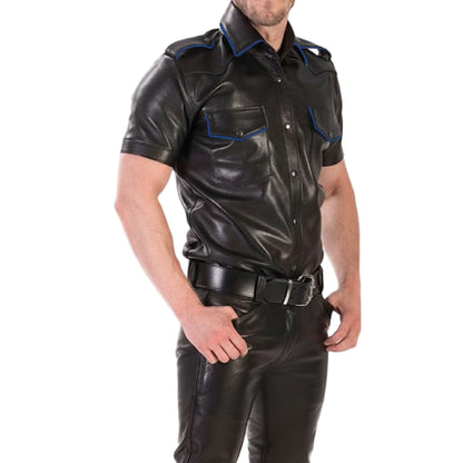 Men’s Real Lamb Leather Police Shirt with Short Sleeves & Tri-Color Piping
