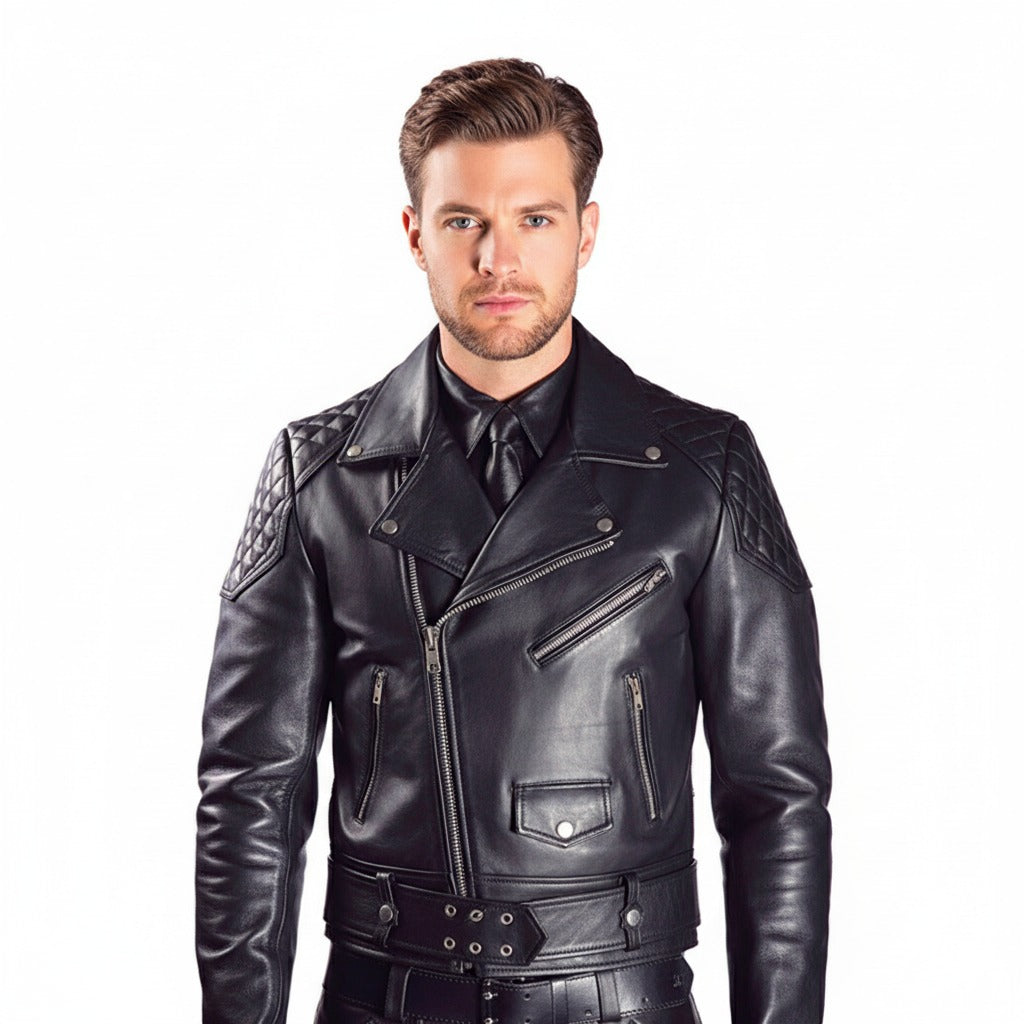 Men’s Cowhide Leather Biker Jacket with Quilted Brando Motorcycle Design