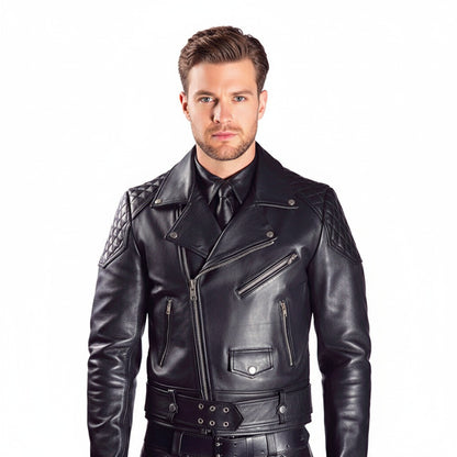 Men’s Cowhide Leather Biker Jacket with Quilted Brando Motorcycle Design