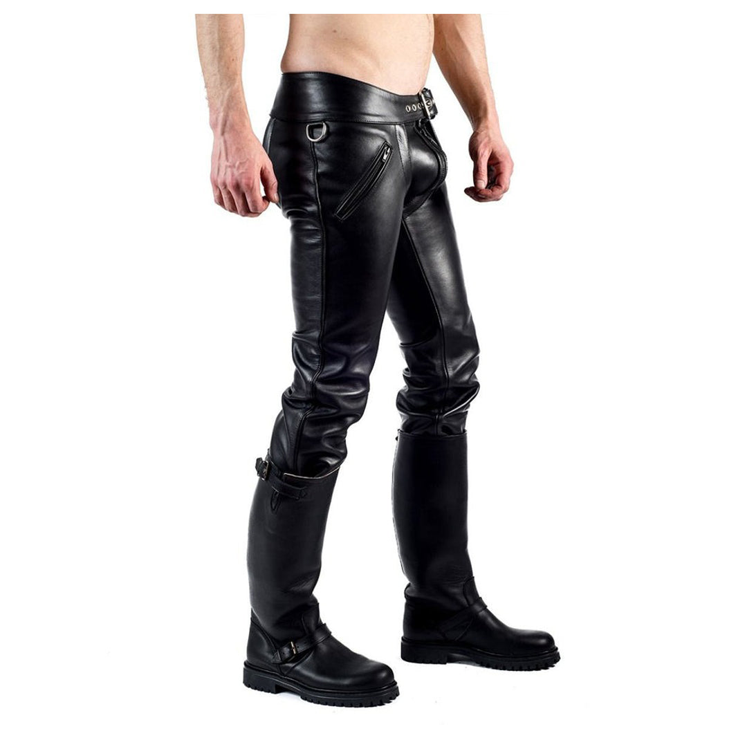 Men’s Genuine Cowhide Leather BLUF Biker Chaps with Removable Brief