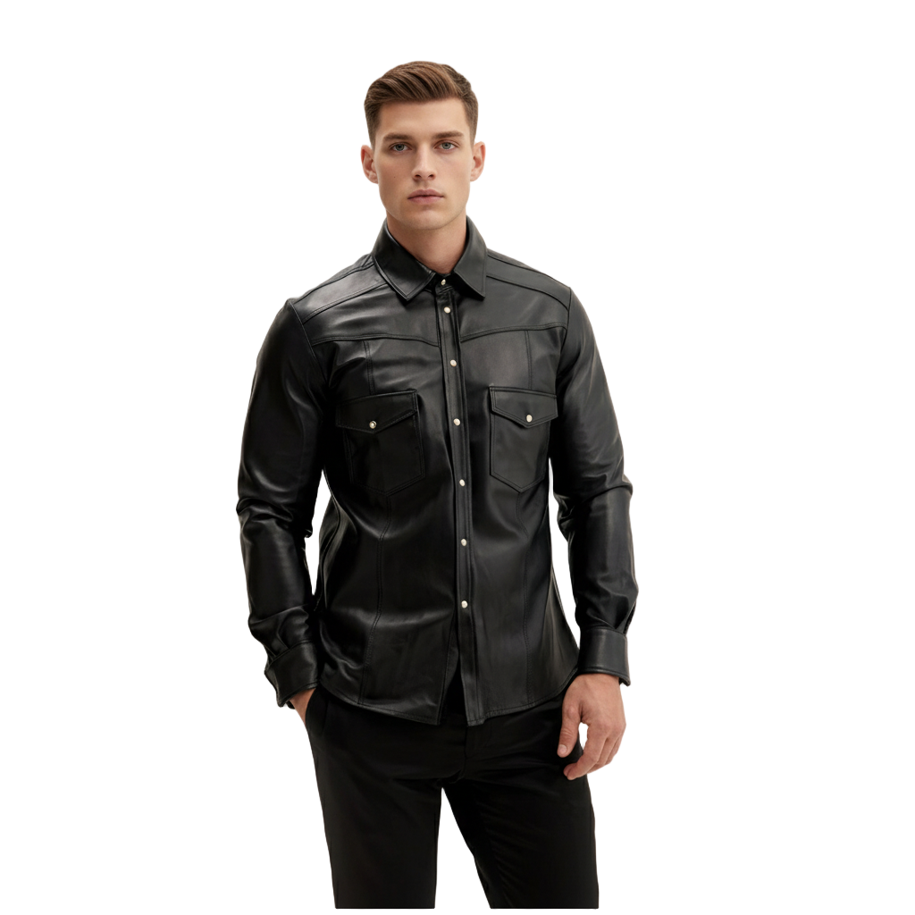 Men’s Slim Fit Genuine Lambskin Leather Shirt – Long Sleeve Button-Up in Multiple Colors