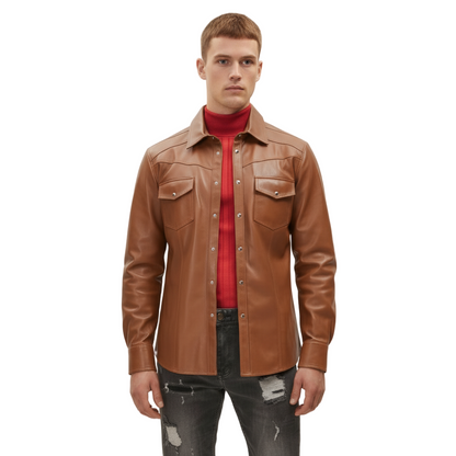 Men’s Slim Fit Genuine Lambskin Leather Shirt – Long Sleeve Button-Up in Multiple Colors