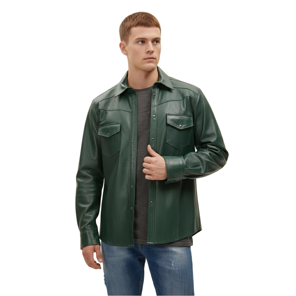 Men’s Slim Fit Genuine Lambskin Leather Shirt – Long Sleeve Button-Up in Multiple Colors