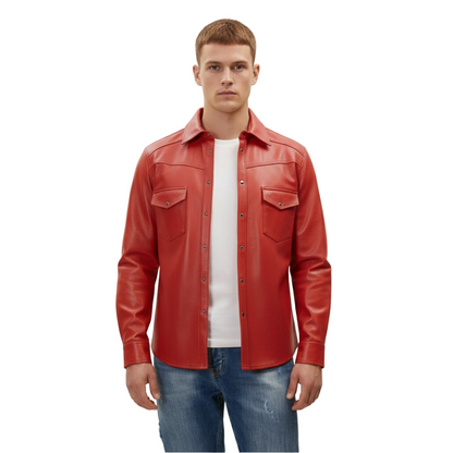 Men’s Slim Fit Genuine Lambskin Leather Shirt – Long Sleeve Button-Up in Multiple Colors