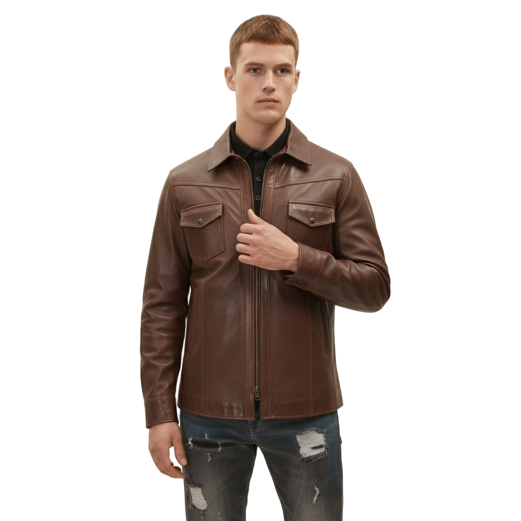 Men’s Slim Fit Genuine Lambskin Leather Shirt – Long Sleeve Button-Up in Multiple Colors