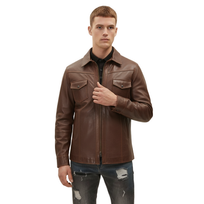 Men’s Slim Fit Genuine Lambskin Leather Shirt – Long Sleeve Button-Up in Multiple Colors