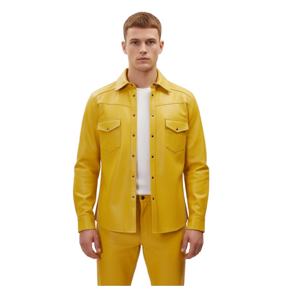 Men’s Slim Fit Genuine Lambskin Leather Shirt – Long Sleeve Button-Up in Multiple Colors