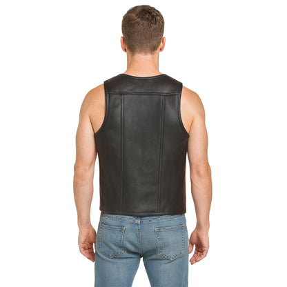Men's Real Cowhide Leather Bartender Vest with Side Stripes – Front Open Design